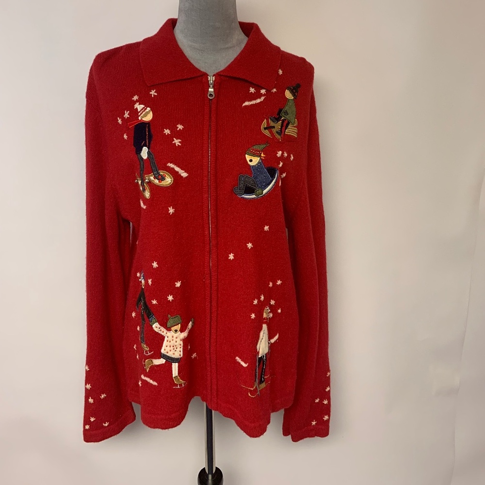 Jones New York Vintage Sweater Lambswool Appliquéd Winter 90s Womens SZ XL